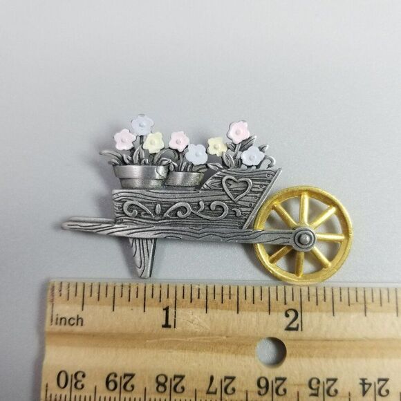 Vintage J J Flower Cart Brooch, Silver Tone with Moving Wheel Lapel Pin, Signed - Picture 5 of 7
